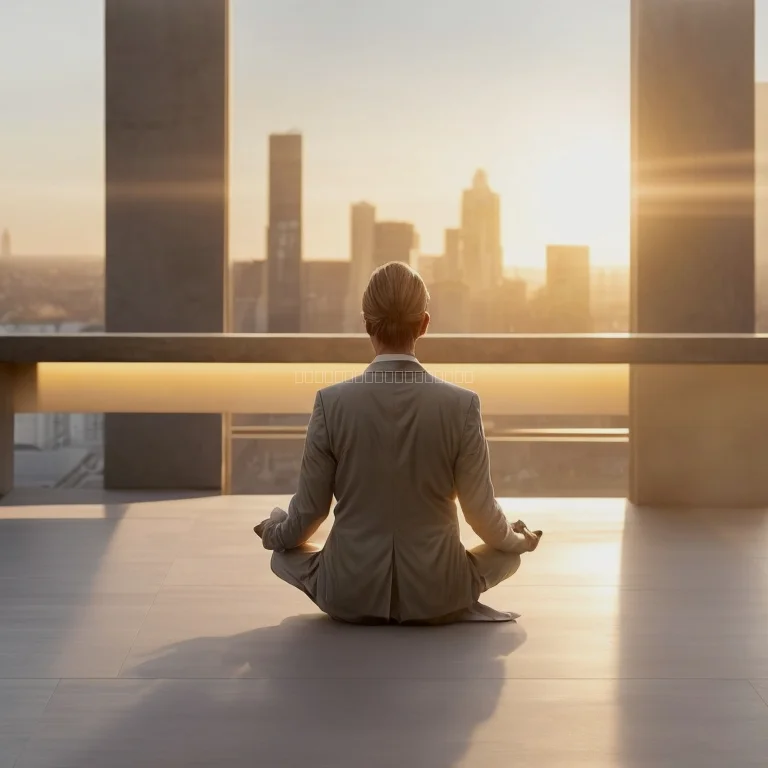 Business leader practicing mindful breathing in office